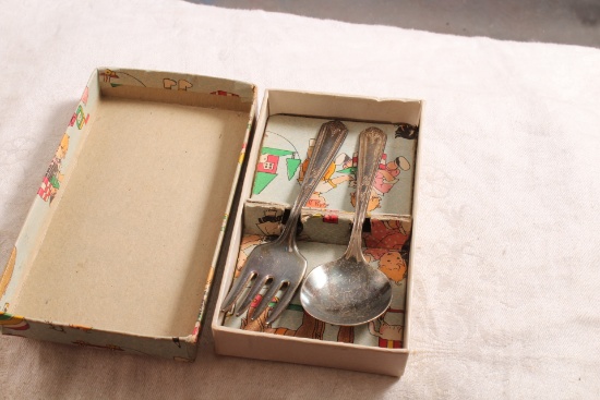 Antique Reed & Barton Child's Silverware Spoon & Fork in Original Box Silverplate
