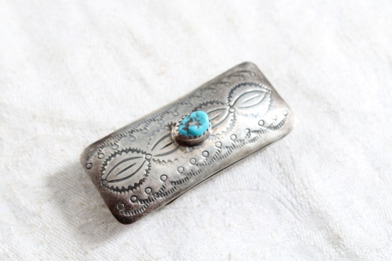Sterling Silver & Turquoise Top Plated Money Clip with Native American Engraved Design