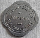 Antique W.M. McDonald Groceries Claremont, Minn. 25 Cent Trade Token