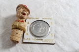 Antique Composite Figural Bottle Topper Cork Man & Genuine Minted Las Vegas Coin Token