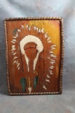 Vintage Indian Chief Carved Wall Plaque With Leather Wrapped Twig Frame 15