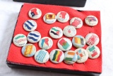 20 Pc Lot of 1890's Sweet Caporal Cigarettes Flag Pins in Small Riker Case 5 1/4
