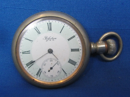 Perfection Open Face Pocket Watch – Not Working – Roman Numeral Dial w Blue Border