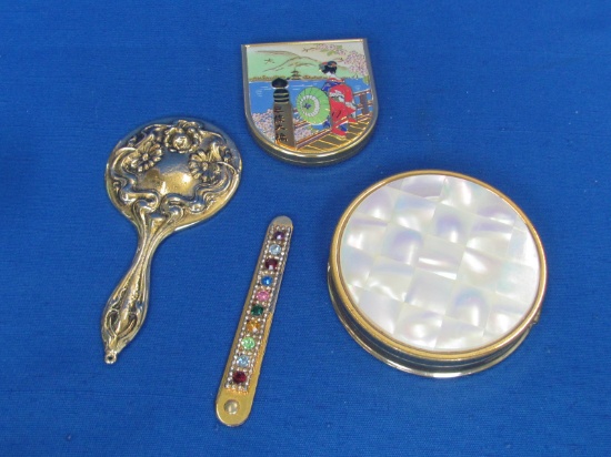 Vanity Lot: Hand Mirror, Max Factor Cream Puff, Bejeweled Nail File & Mirror w Japanese scene