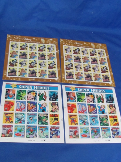 US Postage Stamps – Full Sheets Super Heroes, Disney – Unused – Face Value $32.40