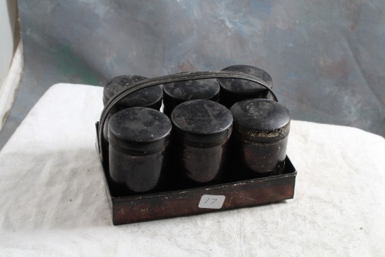 Antique Metal Spice Tin Caddy with 6 Tins Caddy Meas. 5 1/2" x 3 3/4" x 4" Tall