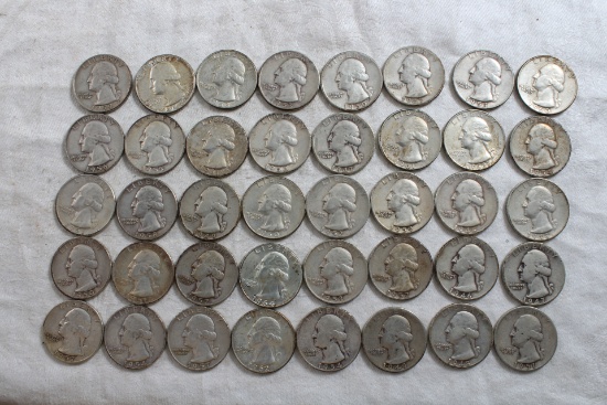 Vintage $10.00 Roll of All Washington Silver Quarters 40 in All
