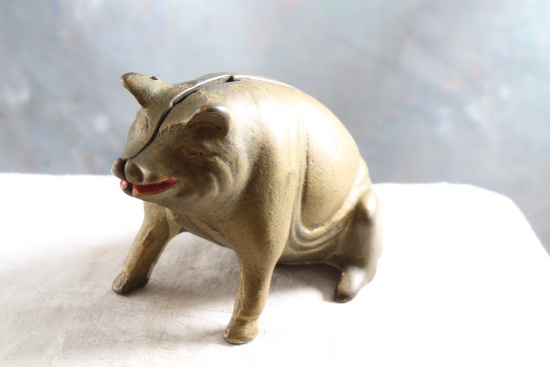 Antique Cast Iron Pig Piggy Bank 5" Long