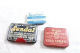 3 Antique Miniature Cold Medicine Advertising Tins Hill's Quinine, Sendol Sealed,