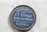 Antique Advertising Pocket Mirror J. F. Ettner Boots and Shoes Elgin, Illinois