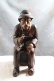 Folk Art Wood Carving of Old Sea Captain with Pipe Measures 12