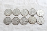 Lot of 10 Franklin Half Dollars 1953 to 1963