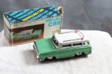 Vintage Travelling Tin Friction Car with Siren in Original Box Working