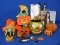 Large Lot of Halloween Items: Paper Mache Basket, Pumpkins, Wig & more..