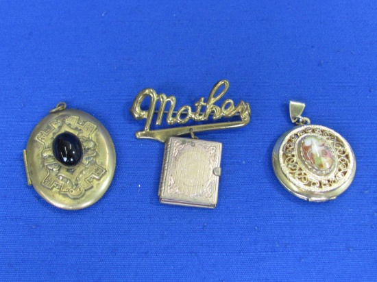 3 Lockets: 1 w Black Stone & Photograph – Mother Pin with Book Look – Largest is 1 5/8” long