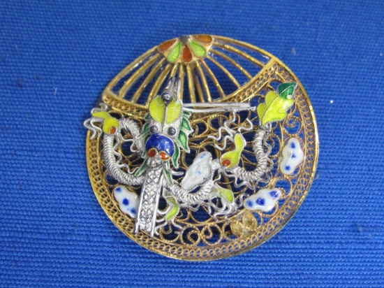 Enamel on Gold & Silvertone Wire Pin/Brooch – Interesting look – 1 3/8” in diameter