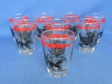 Set of 8 Vintage Libbey Old Fashioned Glasses – Red & Black w Stagecoach – 3 3/8” tall