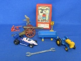 Mixed Lot of Small Toys: Matchbox Tractor & Trailer, Cast Iron Cannon, Soldiers & more