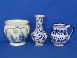 Blue & White Pottery: Delft Planter, Vase with Windmills & Mug made in Mexico – Vase is 6 1/4”