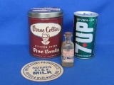 Advertising: Verne Collier Candy Tin, Steel 7-Up Can, Drugstore Bottle, 4” Milk Cap