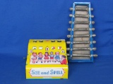 Tin Litho “See and Spell” by Wolverine 7” long – Tin Xylophone 10” long
