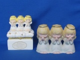 Trinket Box & Ceramic Figurine – 3 Angels, 2 with closed eyes, 1 with open – Figurine is 5 1/4” wide