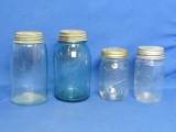 4 Canning Jars: Mason's Patent 1858, Aqua Ball Perfect Mason, 1976 w Hazel-Atlas Lid