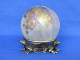 Iridescent Glass Paperweight on Brass Stand with 3 Frogs – 2 3/4” tall