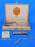 Wood Cigar Box with Smalls: Folding Knives, Heinz 57 Can Opener, Cracker Jack Whistle