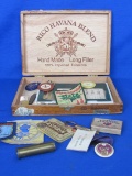 Wood Cigar Box with Smalls: Patches, Masonic Pins, Schrader Universal Tire Gauge & more
