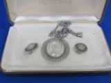 Whiting & Davis Intaglio Pendant & Clip-on Earrings Set – Chain is 18” - Pendant is 2 1/4”