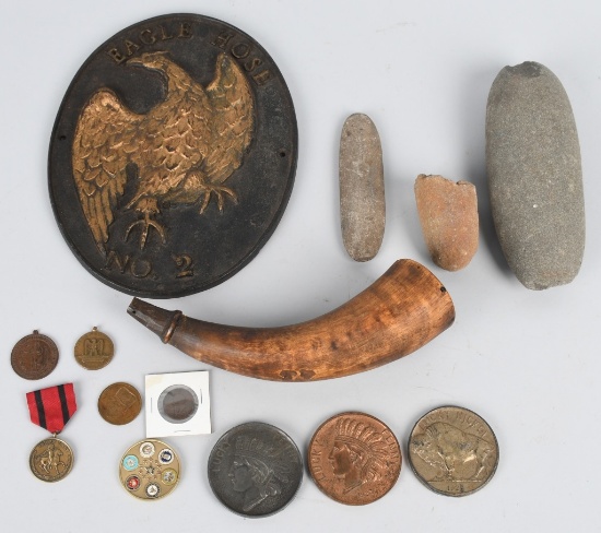 BOX LOT MILITARY, INDIAN RELICS, & MORE