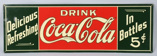 DRINK COCA COLA IN BOTTLE 5c TIN EMBOSSED SIGN