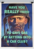 WWII RATIONING SAVE GAS CAR CLUB POSTER 1944