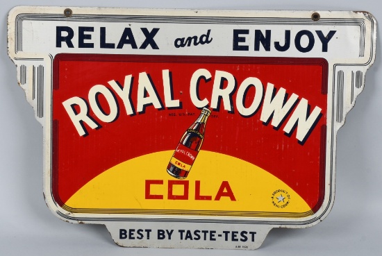 1940 ROYAL CROWN DOUBLE SIDED HANGING TIN SIGN