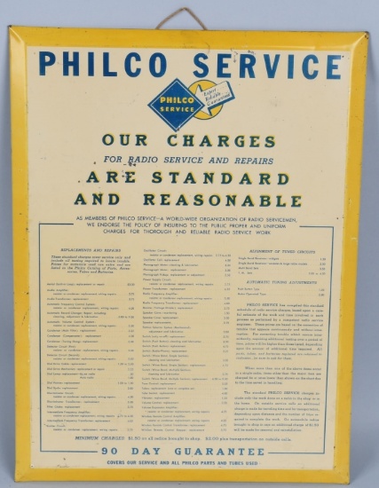 PHILCO RADIO SERVICE CHARGES TIN SIGN