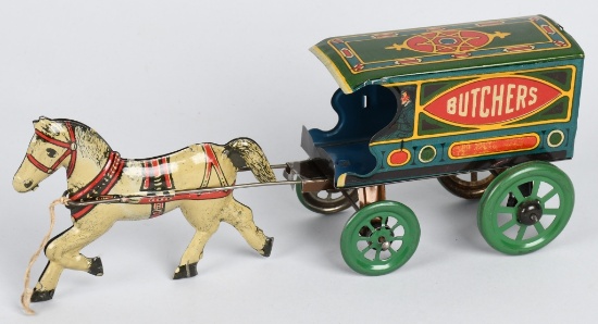 EARLY TIN HORSE DRAWN BUTCHERS WAGON