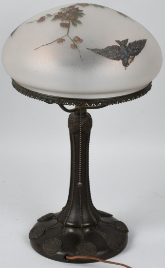 HANDEL CHIPPED ICE w/ BIRDS TABLE LAMP "SIGNED"