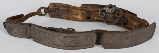 19th C TIBETAN SILVER PLATED IRON LEATHER BELT