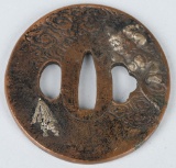 COPPER CARVED TSUBA with SILVER INLAY