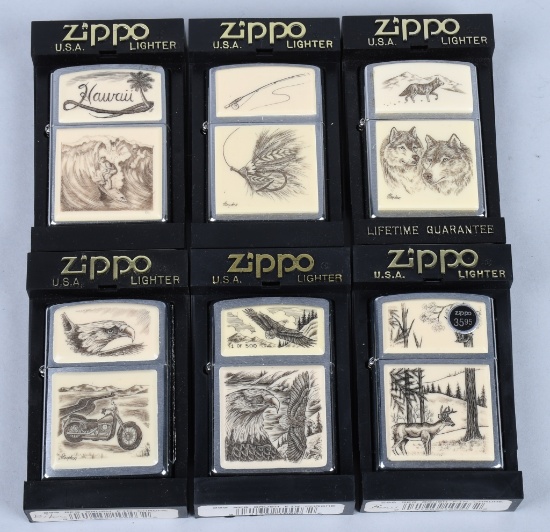 6- ZIPPO SCRIMSHAW LIGHTERS