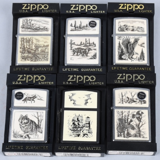 6- ZIPPO SCRIMSHAW LIGHTERS