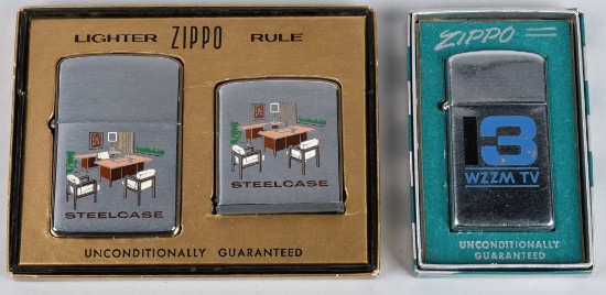 2- ZIPPO ADVERTISING LIGHTERS w/ BOXES