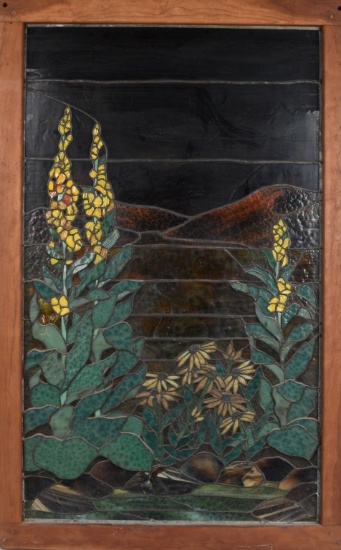 LARGE STAINED GLASS WINDOW, MOUNTAIN & FLOWERS
