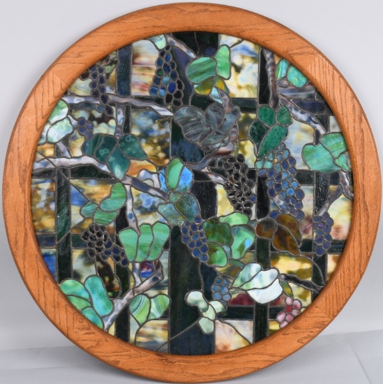 LARGE ROUND STAINED GLASS WINDOW, GRAPE VINES