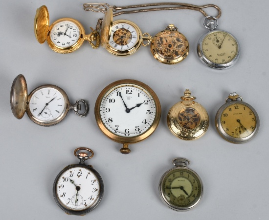 8- POCKET WATCHES & 1- TRAVEL , 1 STOP WATCH