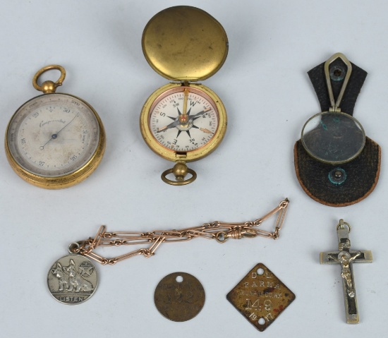 ANTIQUE POCKET BAROMETER, COMPASS & MORE