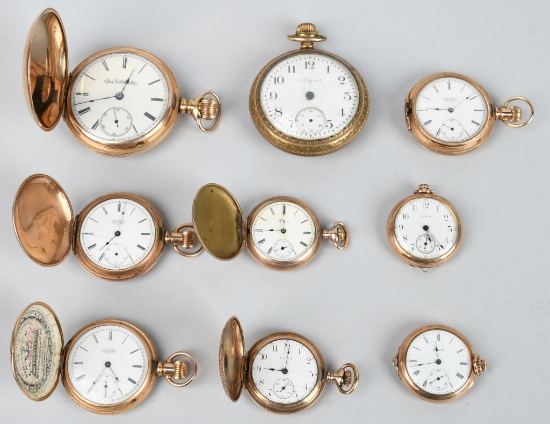 9- VINTAGE ELGIN POCKET WATCHES, 18, 12,16, 6 & 0