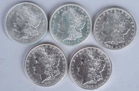 5- MORGAN 90% SILVER DOLLARS, UNC
