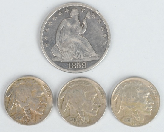 U.S TYPE COINS, 3-1931-S NICKELS, & 1858-O HALF